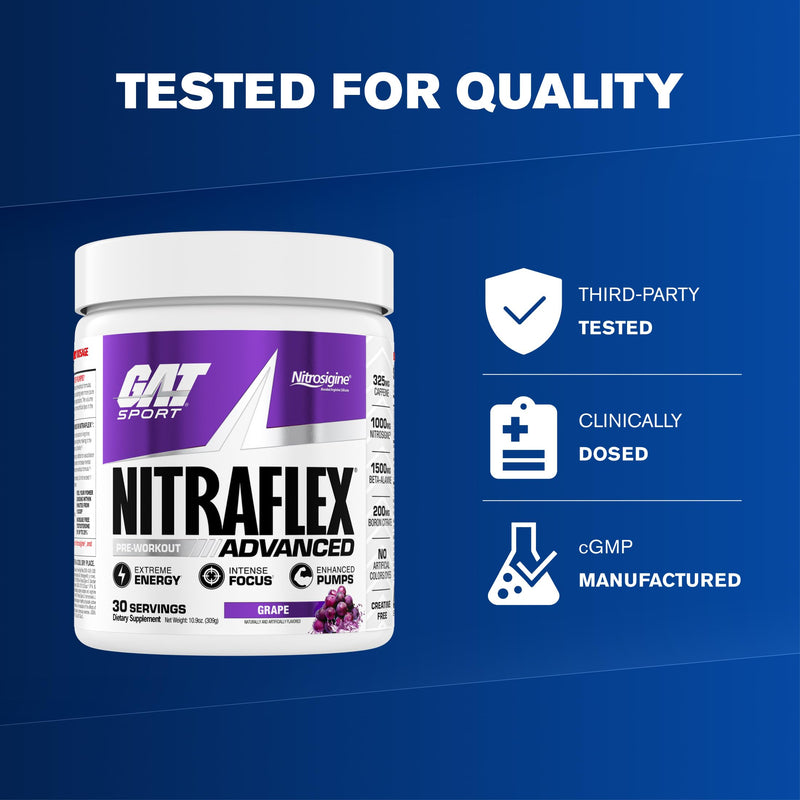 GAT SPORT NITRAFLEX Advanced, Grape, 10.9 oz (30 Servings) | Pre-Workout Powder, Energy Drink Mix, Supports Healthy Blood Flow, Boosts Strength & Energy, Creatine-Free