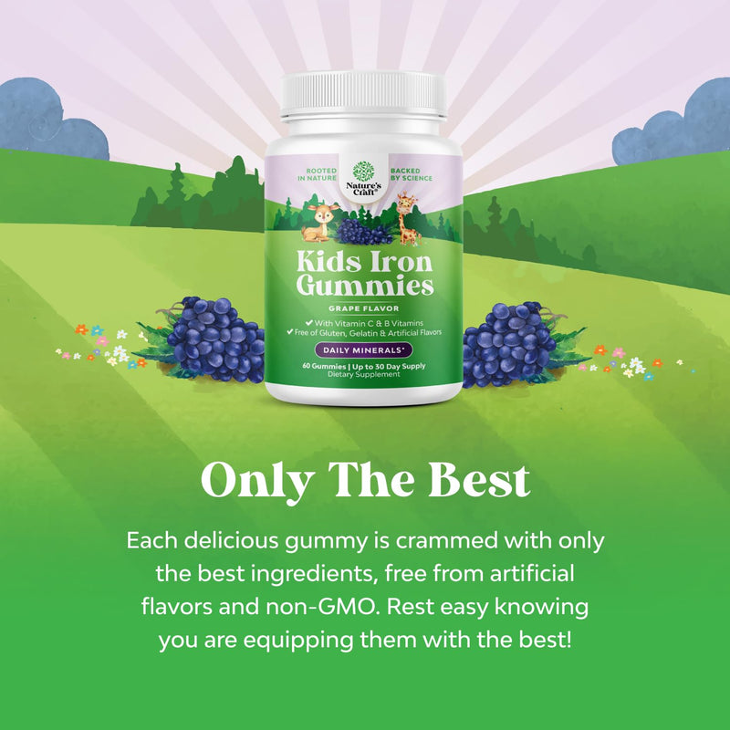 Kids Iron Gummies - Blood Builder Iron Supplements for Kids with Gentle for Stronger Immunity & Energy - Vitamin B12, Folate & Vitamin C Gummies - Vegan GMO & Gluten Free for Toddlers - 60 Count 60 Count (Pack of 1)