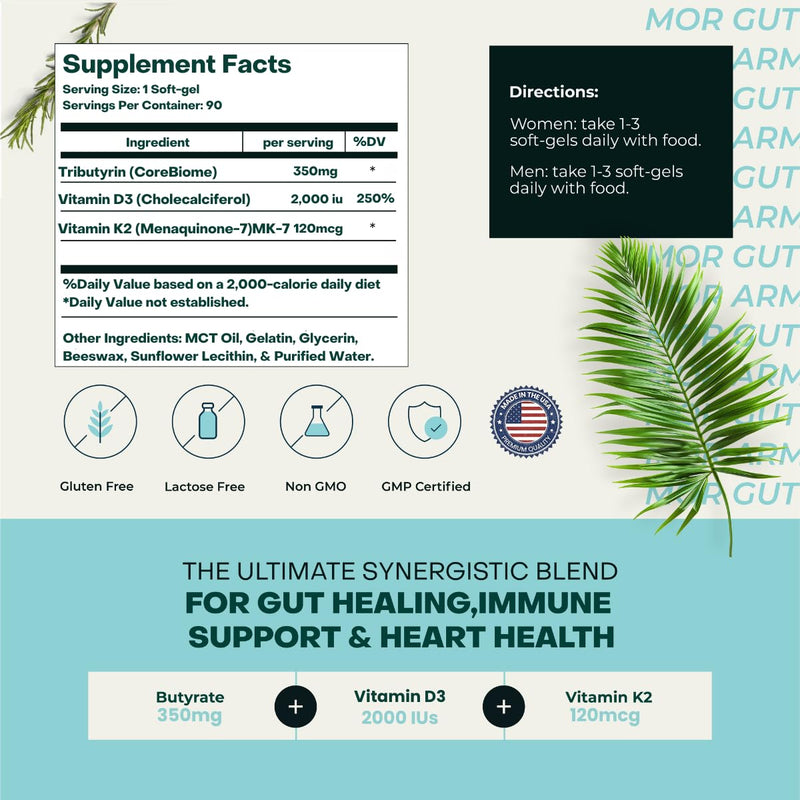 Gut & Heart Health + Immune Support | 2 Month Supply | 60 Soft Gel Capsules | Pure Butyrate 350mg & Vitamin D3 2000IUs & Vitamin K2 120mcg | Heart Health | Gastrointestinal Support 60 Count (Pack of 1)