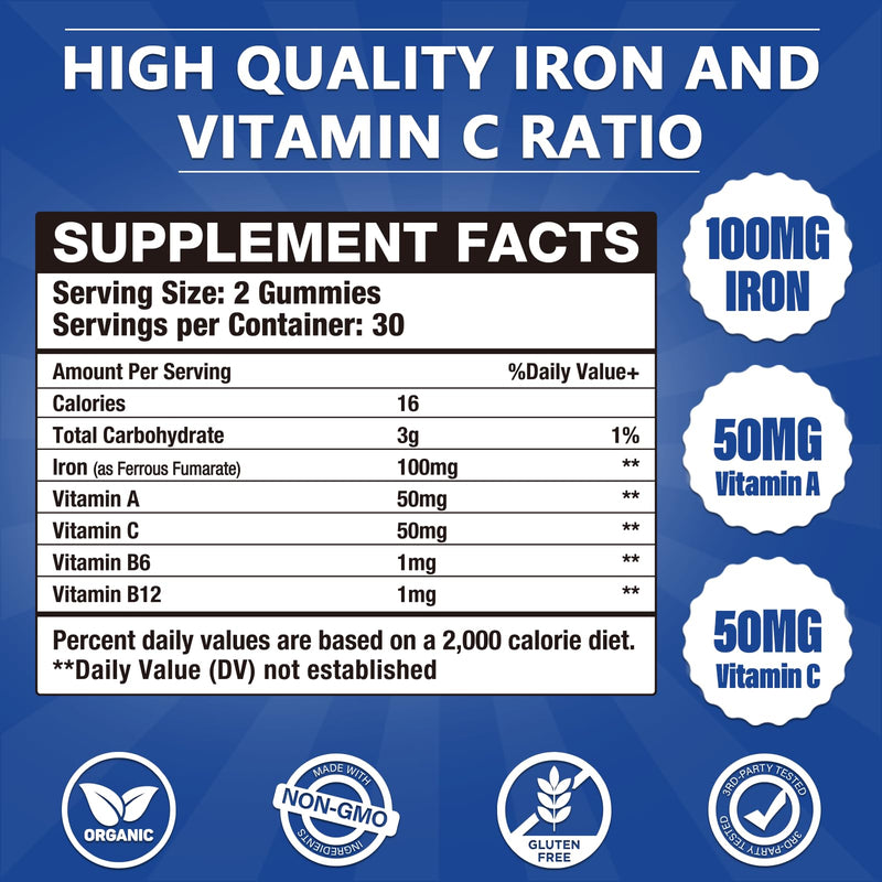 2 Pack 100MG Iron Supplements, Iron Gummies for Women & Men - Vitamin C, A, B12 - Complex, Improve Absorption, Energy Boost, Iron Deficiency for Adults & Kids - Complex Folate, Zinc, 120Cts 60 Count (Pack of 2)