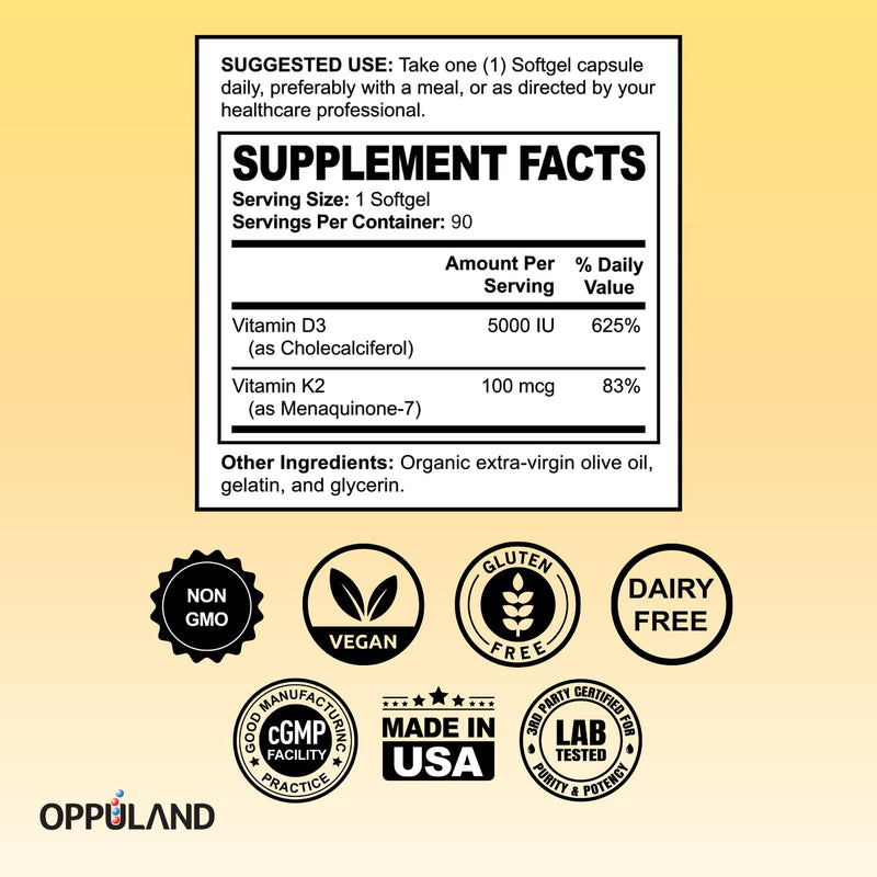 Vitamin D3 + K2 5000 IU - Liposomal Technology for Enhanced Absorption - MK-7 Vitamin K2 100mcg - Supports Bone & Calcium Metabolism - D3K2 Supplement for Men & Women - 90 Softgels 90 Count (Pack of 1)