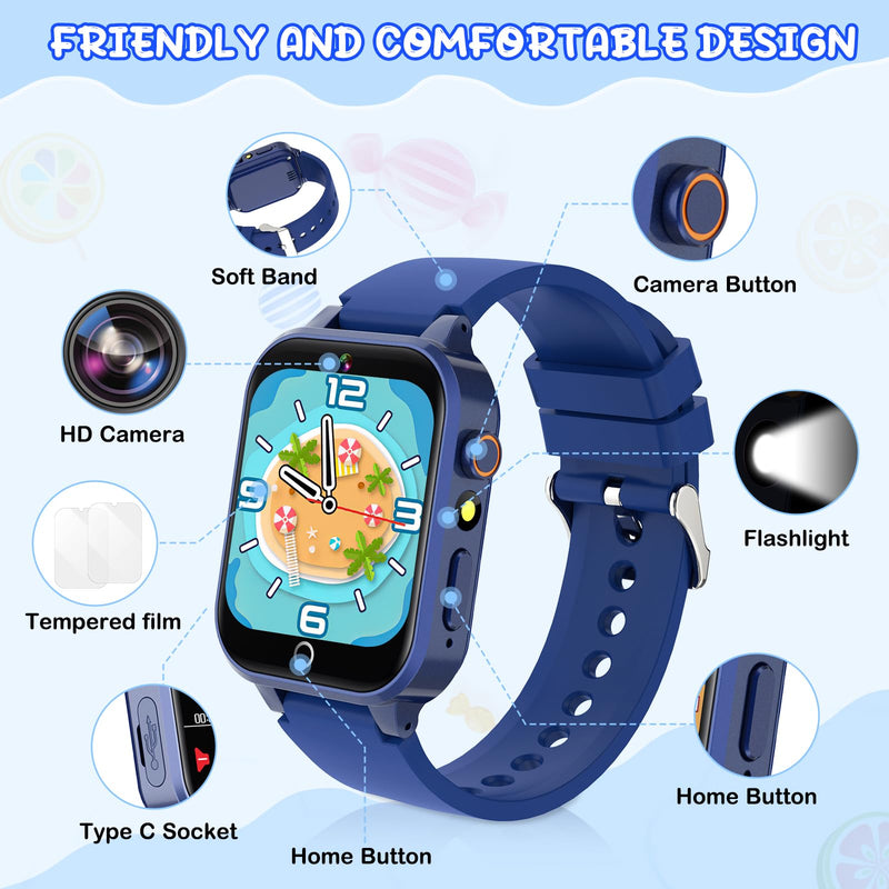 Moremore Smart Watch for Kids with 39 Games, Kids Watch with Touch Touchscreen Alarm Clock, HD Camera, Pedometer, Gifts Toys for Ages 3-12 Years Old for Boys Girls (Blue) Blue