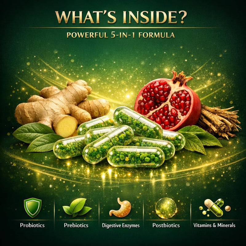 NATURAL NEED™ Gut Health – 5-in-1 Formula with Probiotics, Prebiotics, Postbiotics, Enzymes & Vitamins (C,D3,B12,Zinc) – Delayed Release Capsule – Supports Overall Digestion, Immunity & Gut – 60 Vegan