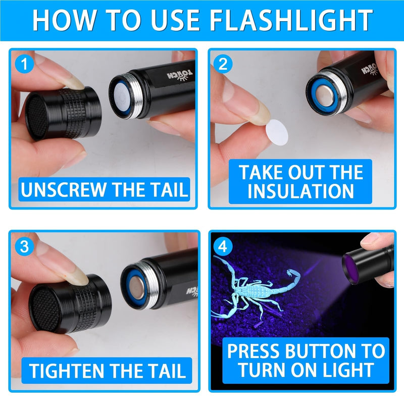 TOCH 4 Pcs UV Flashlight Black Light 365nm Small UV Light Flashlight LED Portable Ultraviolet Blacklight Torch Light Pet Urine Detector for Dog/Cat Urine Dry Stains Resin Curing（8*AA Battery Include） - BeesActive Australia
