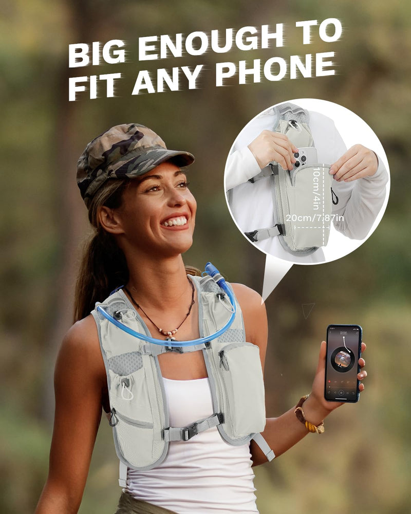 Running Vest for Women and Men, Hydration Running Backpack, Runners Vest, Hydration Vest, with Front Phone Holder, Adjustable Chest and Waist Strap Gray White Bladder and Backpack