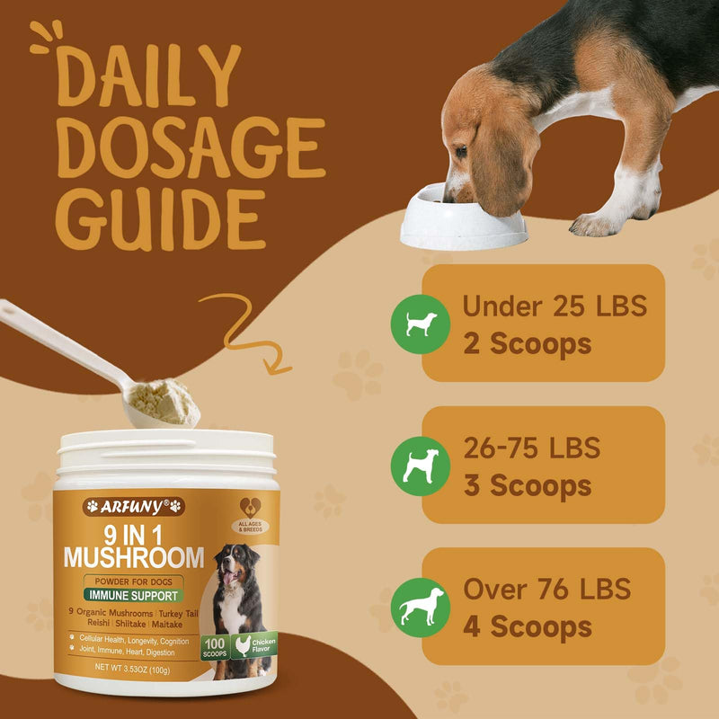 Mushroom for Dogs - Turkey Tail for Dogs - 9 Organic Mushroom Supplement with Turkey Tail, Reishi, Lions Mane - Hip & Joint, Skin & Coat, Digestive, Cellular, Immune Health Support - Chicken Flavor