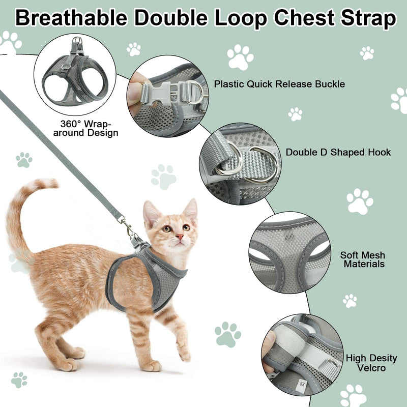 Breathable Cat Harness, Gray Reflective Harness Set, Adjustable Cat Harness Escape-Proof, Adjustable Cat Harness with Leash, Cat Harness Escape-Proof for Outdoors (XXS) XXS - BeesActive Australia