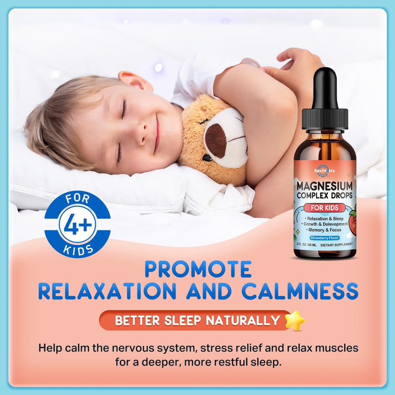 Magnesium for Kids, Kids Magnesium Glycinate Liquid Drops with Calcium, Zinc, L-Theanine, Vitamin D3 K2, C for Sleep, Relaxation, Calm, Focus, Brain,Mood, Bones & Muscles - Strawberry Flavor 2 Pack 2 Fl Oz (Pack of 2)