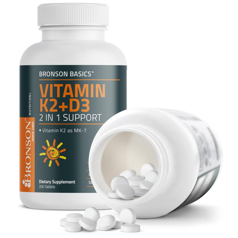 Bronson Vitamin K2 D3 (MK7) Supplement 2-in-1 D3 & K2 Complex, 200 Tablets | Bone, Immune & Heart Health Support, Gluten-Free, Soy-Free, Non-GMO, Vitamin D3 5000 IU (125 mcg) & 90 mcg K2 MK-7 200 Count (Pack of 1)