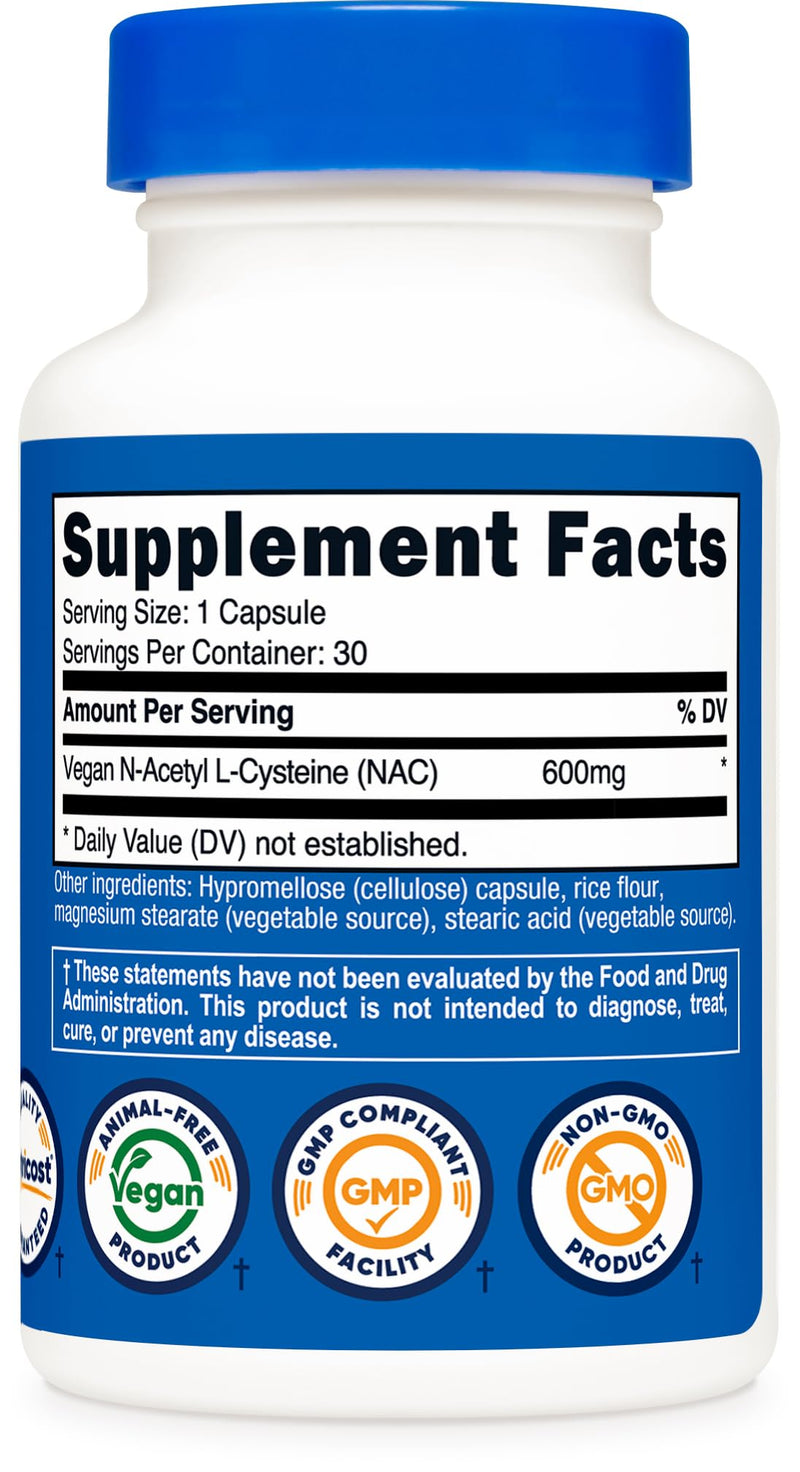 Nutricost N-Acetyl L-Cysteine (NAC) 600mg, 30 Vegan Capsules - GMO Free, Gluten Free, Vegetarian Caps 30 Count (Pack of 1)
