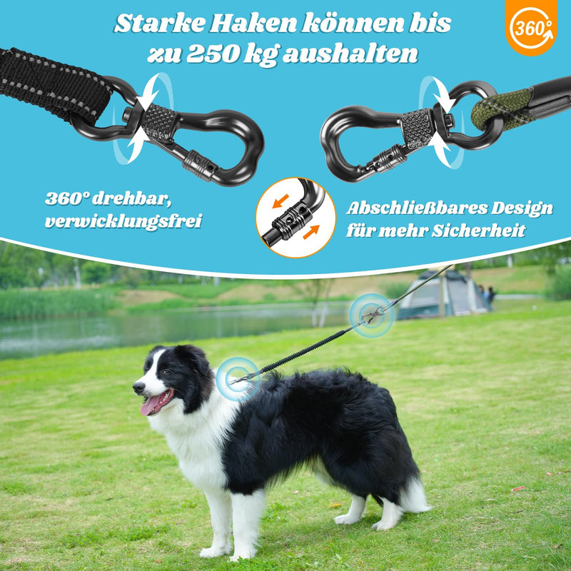 Aystkniet drag leash 10 m for dogs, dog leash with removable elastic cord Lockable hook | Padded Handle, Long Walking Lead Training Lead for Medium and Large Dogs 10M × 8MM Army Green - BeesActive Australia