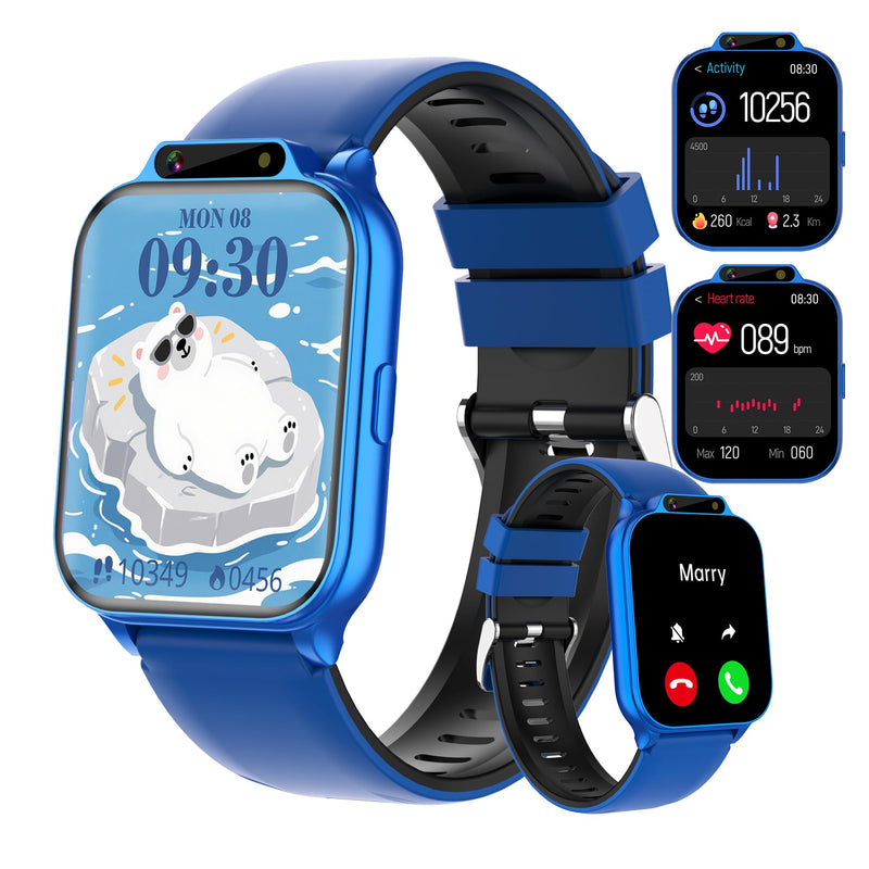 Kids Smart Watch Boys 1.85" with Fitness Tracker No APP/Phone, IP68 Waterproof Sport Modes, Heart Rate/Sleep Monitor, Video Music HD Camera DIY Dial Pedometer Game, Gifts Toys for 4-13 Year Old Blue
