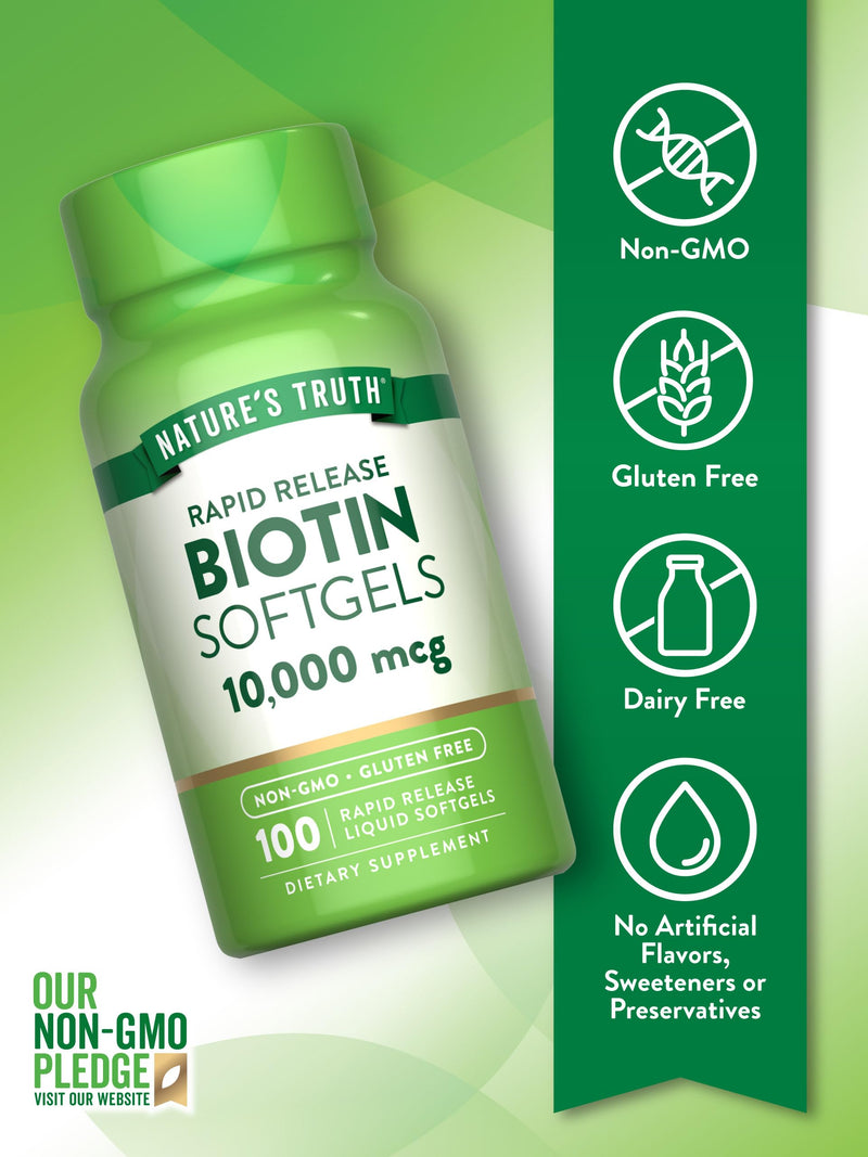 Nature's Truth Biotin 10,000mcg | Rapid Release Softgels | 100 Count | Non-GMO & Gluten Free Supplement