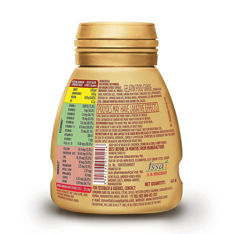 Revital H for Men with Multivitamins, & Natural Ginseng for Daily Immunity Strong Bones, and Enhances Energy Level - 60 Capsules