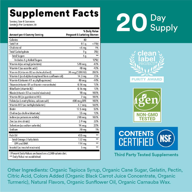 SmartyPants Prenatal Vitamins for Women, Multivitamin Gummies: Omega 3 Fish Oil (EPA/DHA), Biotin, Methylfolate, Vitamin D3, C, Vitamin B12, B6, A, K & Zinc, Inositol, 80 Count (20 Day Supply) 20 servings, 80 Count Discontinued - 20 Day Supply