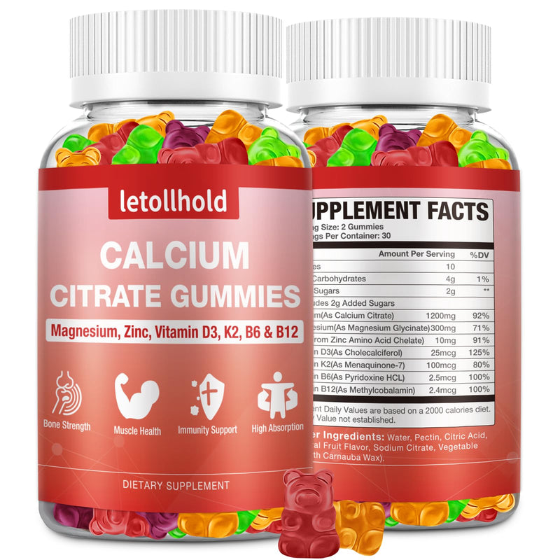 Calcium Citrate Gummies - 1200mg Calcium Gummies with Magnesium Zinc Vitamin D3,K2, B6, B12 for Bone, Muscle, Joints, Immune Support, High Absorption Calcium Supplements for Women & Men 2 Packs Mixed Fruit