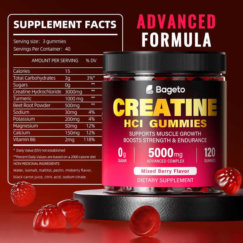 Bageto Creatine HCl Gummies Complex with 1g Turmeric & 500mg Electrolytes | 120 Ct with Beet Root & Vitamin B6, Sugar-Free 3000mg Creatine HCl Gummies for Women and Men, Post & Pre Workout , Vegan