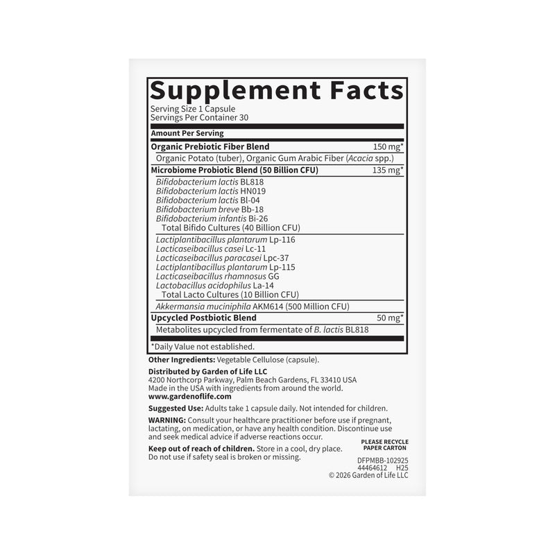 Garden of Life Dr. Formulated Microbiome Balance Probiotic, 50B CFU, 30ct | Pre, Pro & Postbiotics, 12 Probiotic Strains, Digestive Health, Immune Support, Non-GMO, Gluten-Free, Vegetarian