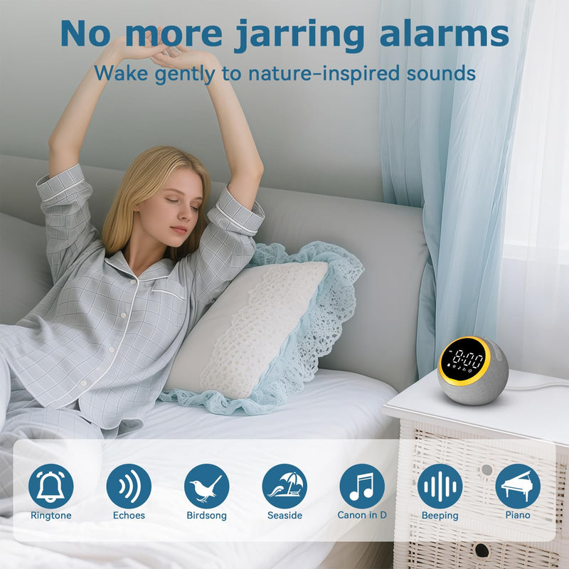 Rohent Sound Machine for Sleeping Adults: Alarm Clocks for Bedrooms, 25 Soothing Sounds, 7 Soft Wake-Up Sounds, 16 Adjustable Volume & Timer, Memory Function - Ideal for Bedroom Gray 4.5*4.5*4.5 - BeesActive Australia
