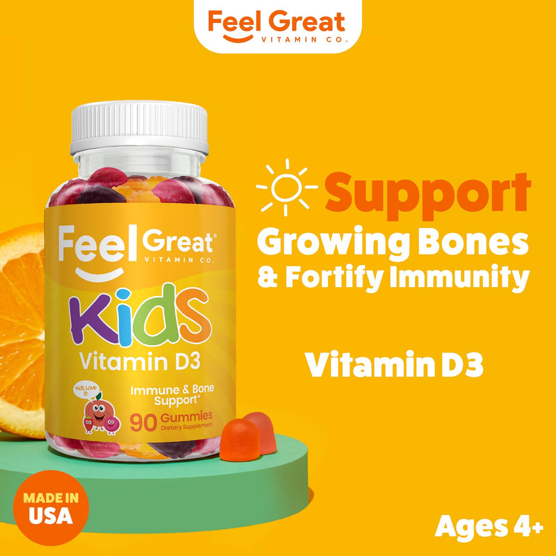 Feel Great Kids Vitamin D3 1000 IU Gummies, Bone & Immune Support, 90ct | Vitamin D3 for Immune & Bone Support, Citrus Flavor, Vegetarian Gummy, Year-Round Sunshine Nutrient Kids Vitamin D 90