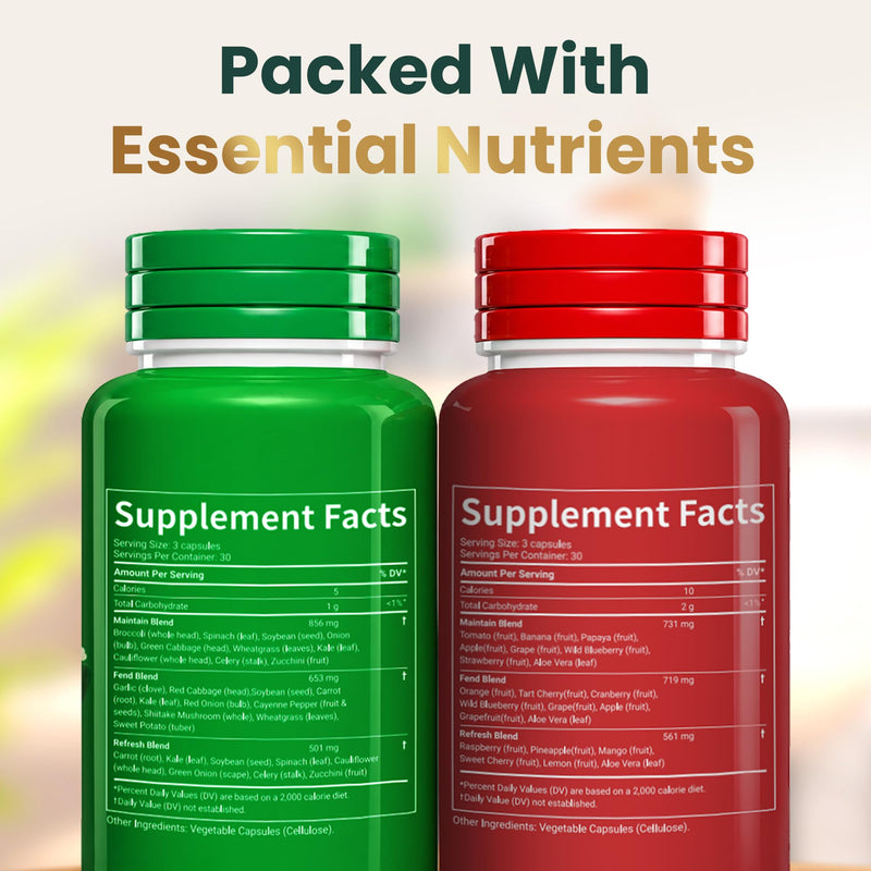 Fruits & Veggies Capsules – Whole Food Fruit & Vegetable Supplement – 90 Fruit + 90 Veggie Capsules (2 Bottle System) – Vegan, Non-GMO – No Powders or Mixing – Daily Nutrition for Men & Women