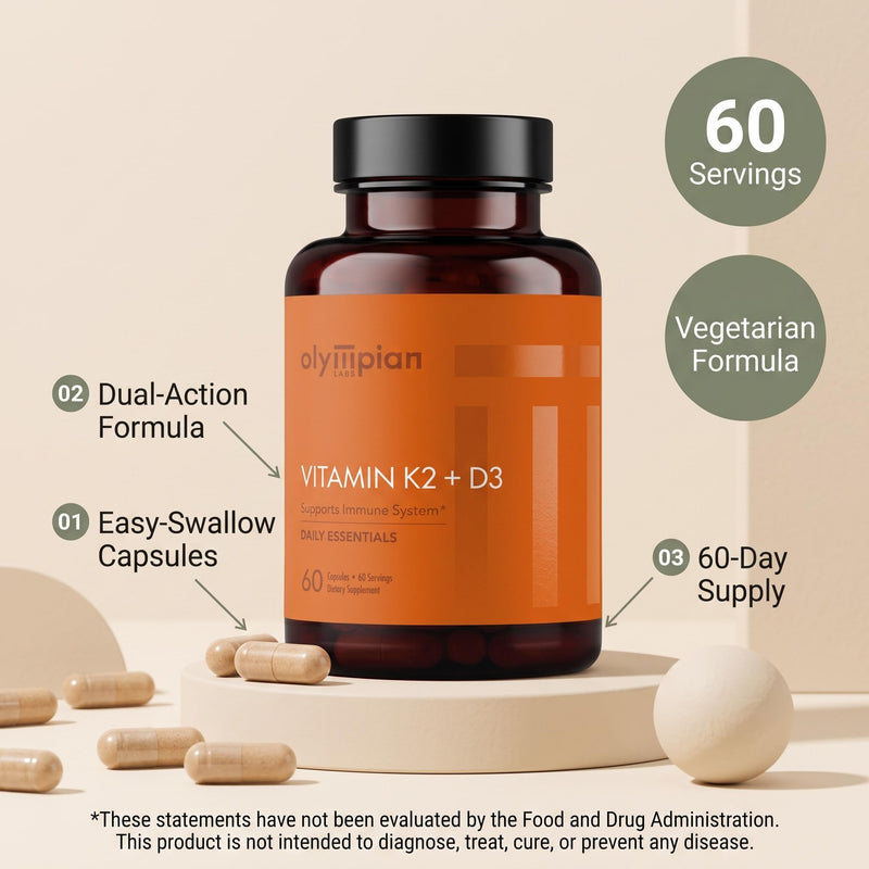 Olympian Labs Vitamin K2 + D3, 60 Servings, Supports Immune System, Bone and Heart Support, 60 Vegan Capsules 60 Count (Pack of 1)
