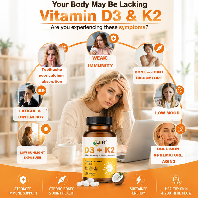 LIIFE Vitamin D3 + K2 5000 IU (MK7 & MK4), 360 Softgels | D3 & K2 complex with MK7 & MK4. Supports bone, heart and immune wellness. Non-GMO & Gluten-Free formula 360 Count (Pack of 1)