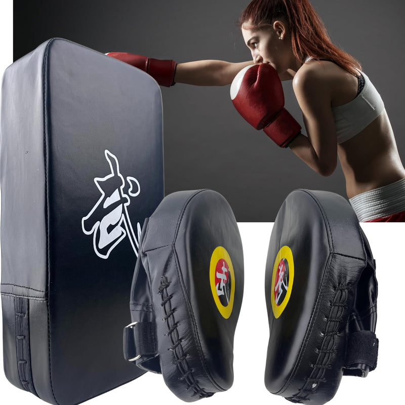 TLBTEK Taekwondo Kick Shield - Muay Thai MMA Karate Kickboxing Training Pads - Curved Leather Strike Shield Black 2 punching mitts+1 kick pad