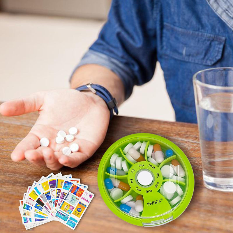 3PCS Weekly Pill Organizer Travel Pill Container Small Portable Pill Case | Cute Round Rotate Pill Dispemser 7 Day Daily Pill Box for Fish Oil Supplements Vitamins, Arthritis Friendly and Portable Green 3pcs