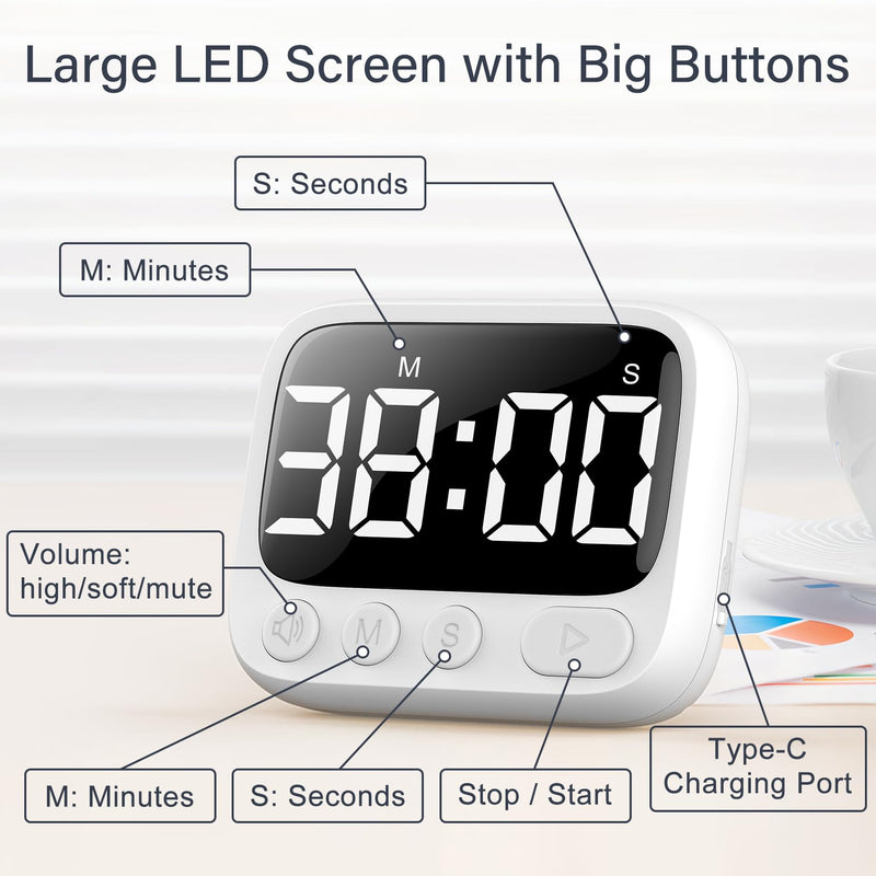 HAUKINIX Shower Timer Waterproof Bathroom Toilet Timer Digital Kitchen for Wall Mount, Study w/Foldable Stand, Countdown Stopwatch w/Suction Cup for Swim, Rechargeable, 2 Pack White - BeesActive Australia