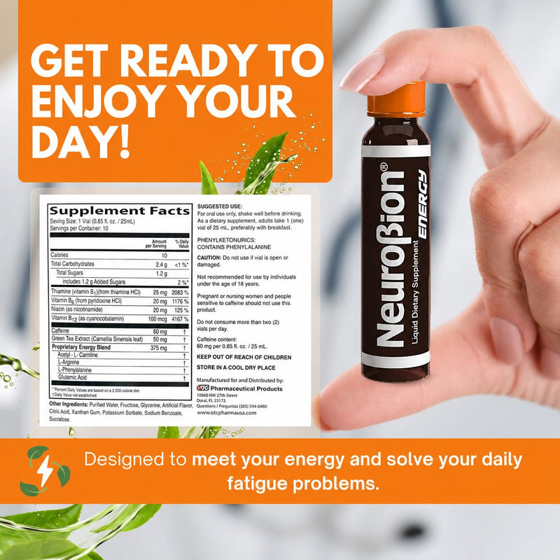 Neurobion Energy 10 Vials x 25 mL Each, 250 mL Total, Liquid Dietary Supplement Multivitamin + Energy Blend