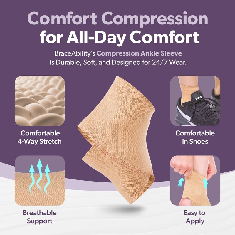 BraceAbility Elastic Ankle Support Brace - Lightweight Slip on Foot and Ankle Compression Sleeve for Gymnastics, Dance, Sports, Running, Exercise, and Sprained Ankle Swelling for Women and Men (Beige, Medium) Beige - BeesActive Australia