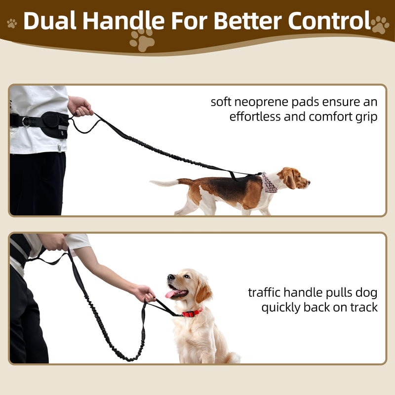 Hands Free Dog Leash with Zipper Pouch, Dual Padded Handle Dog Waist Belt, Retractable Bungee Leash with Reflective Stictches for Small & Medium Dog Running Walking Jogging Training, Black - BeesActive Australia