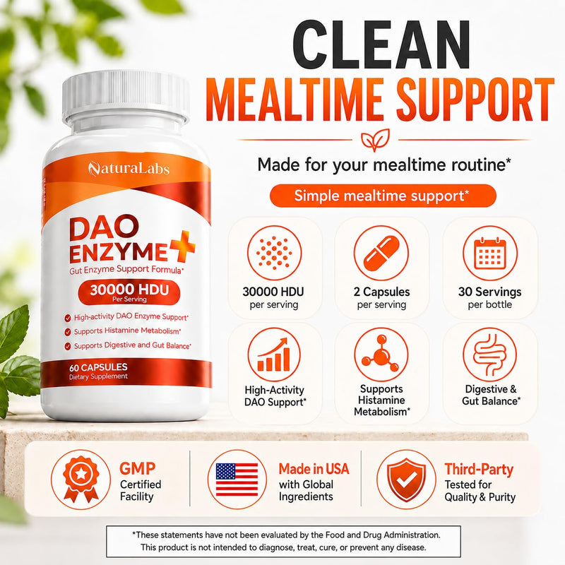 DAO Supplements Histamine Blocker – Enzyme + Triple-Strength 30,000 HDU | DAO Enzyme + Vitamin C, 60 Capsules, Histamine Intolerance & Gut Support, High Activity DAO