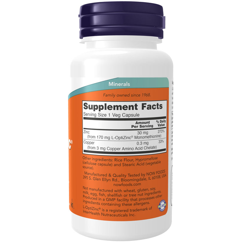 NOW Supplements, L-OptiZinc® 30 mg with Copper, Highly Bioavailable Form, Immune Support*, 100 Veg Capsules