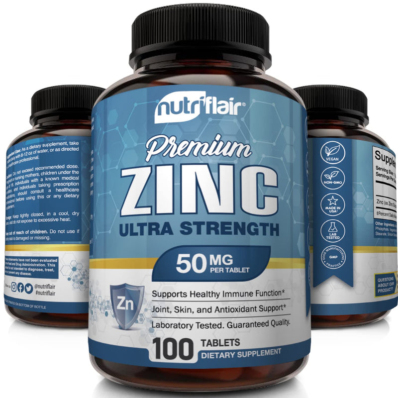 NutriFlair Zinc Gluconate 50mg, 100 Tablets - High Potency Immune System Booster Supplement Pills, Immunity Defense, Powerful Natural Antioxidant, Non-GMO, Compare with zinc picolinate, citrate, oxide