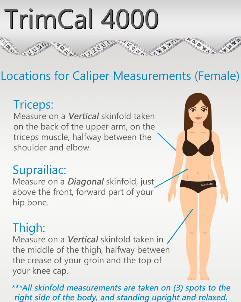 Sequoia Fitness Trimcal 4000 Body Fat Caliper with Body Measure Tape & Fat% Chart (White & Black), 1.0 Count