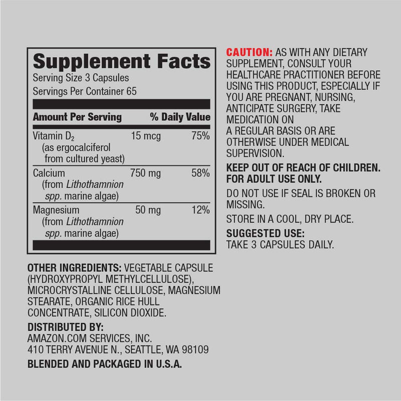 Amazon Elements Calcium Complex with Vitamin D, 250 mg Calcium (3 per Serving), Vegan, 195 Capsules (Packaging May Vary), Supports Strong Bones and Immune Health (Pack of 2) Unflavored 195 Count (Pack of 2)