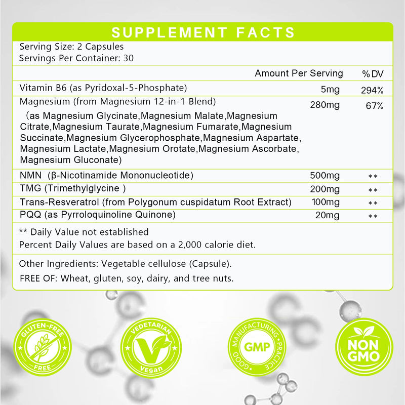 Magnesium Complex Supplement for Women and Men with NMN Supplement | 17-in-1 TMG, Resveratrol, PQQ & Vitamin B6,Sleep & Relaxation, Nervous System, NAD+ Level & Cellular Energy Support 60 Count (Pack of 1)