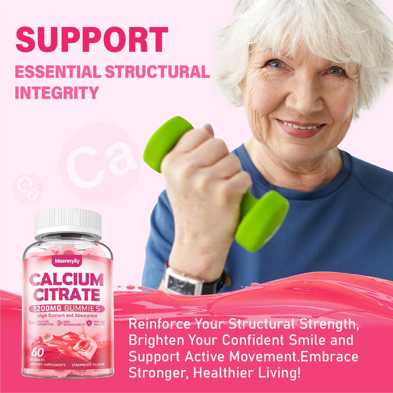 Calcium Citrate Gummies 1200 mg for Adults: Ultimate Absorption Calcium Supplement for Women & Men - Easy to Digest, Vegan, Non-GMO, Gluten Free - Natural Strawberry Flavor 60 Count (Pack of 2) - BeesActive Australia