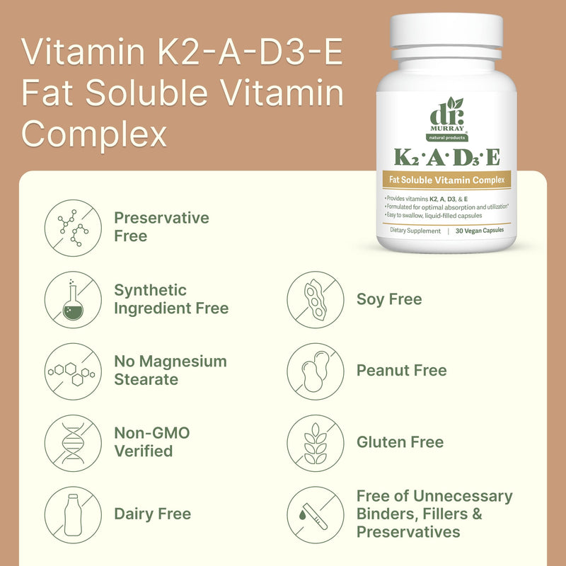Dr. Murray's Vitamin K2-D3-A-E Liquid Vegan Capsules - Synergistic Fat-Soluble Blend | Bone, Vascular & Immune Support | Third-Party Tested | Clean Formulation | No Artificial Additives | 30 Count 30 Count (Pack of 1)