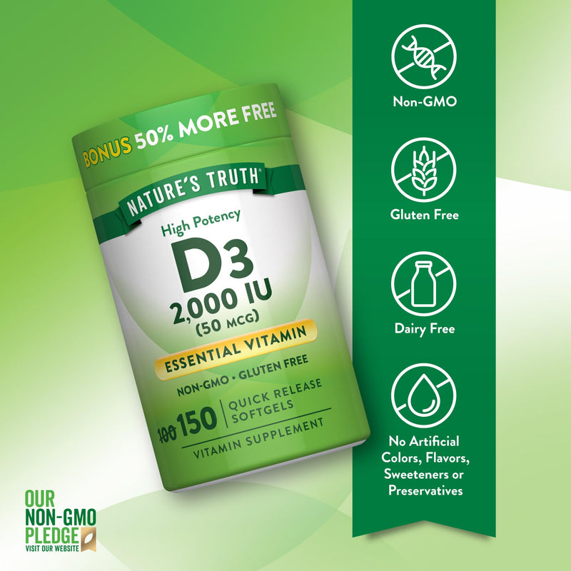 Nature's Truth Vitamin D3 2000 IU Softgels for Adults | 150 Count | High Potency | Non-GMO and Gluten Free Supplement | High Potency | Non-GMO and Gluten Free Supplement