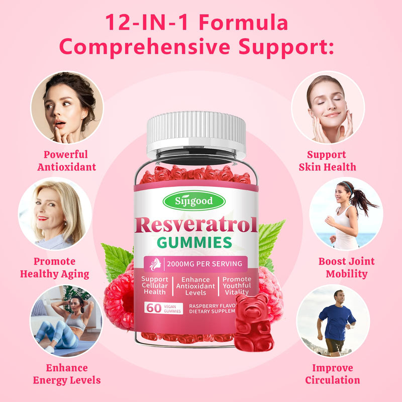 2 Pack Organic Resveratrol Gummies Supplement for Women Sugar Free | For Antioxidant Support, Cellular Health, Immunity, Brain & Energy, Raspberry Flavor, 120 Count 60 Count (Pack of 2)