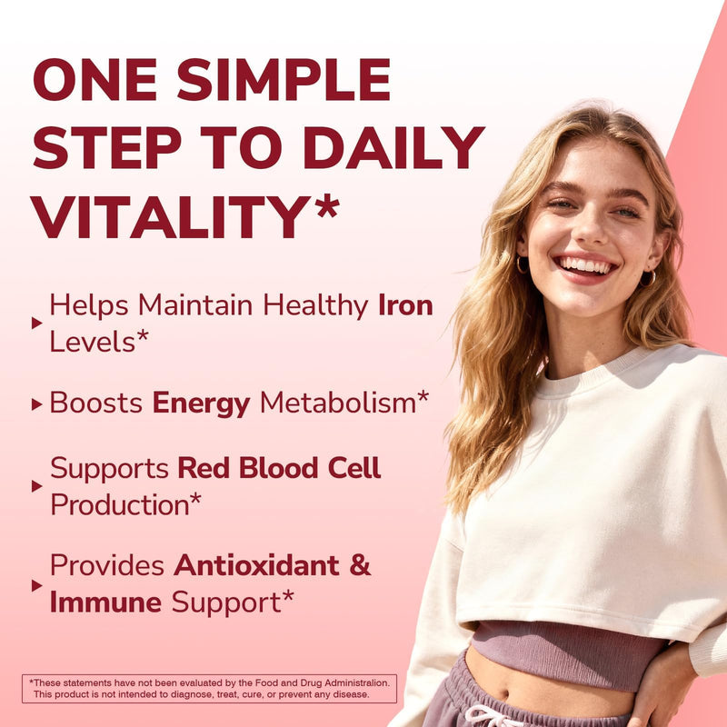 Vitalibre Iron Supplement for Women & Men, 65 mg, Ferrous Sulfate, VitaminC | D3, B6, B12, Folate, Beet Root, Spinach, Pumpkin Seeds, Nettle, for Red Blood Cell & Energy Production, 90 Tablets 90 Count (Pack of 1)