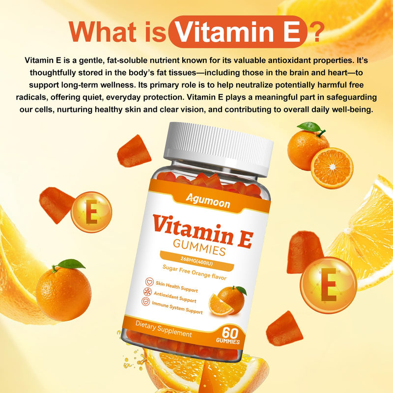 Vitamin E Gummies,400 IU Vitamin E Supplements for Women and Men | 268mg Vit E for Skin,Eye Health and Immune and Antioxidant support,Orange Flavor,60 Count