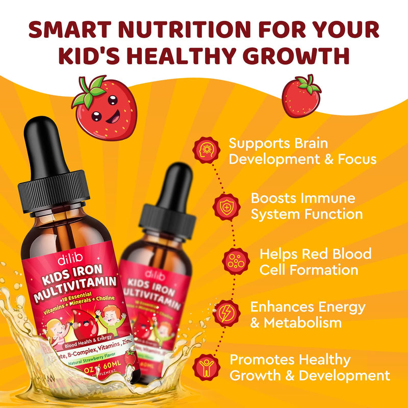 Liquid Iron Supplement for Kids, Kids Multivitamin with Iron Drops with Zinc, Vitamin B Complex, Folate - Support Blood Builder & Energy, Iron Deficiency for Women, Men, Vegan Strawberry 4 Fl Oz 2 Fl Oz (Pack of 2)