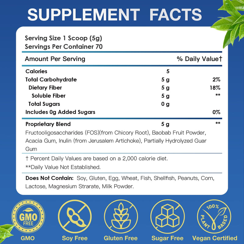 Fiber Powder Unflavored, 5g Soluble Fiber Supplement, 70 Servings | 5g Soluble Fiber with Acacia and Inulin for Daily Digestive Health and Regularity, Gluten Free, Sugar Free, Vegan 12 Ounce (Pack of 1)