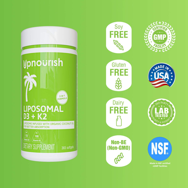 UpNourish Liposomal D3 & K2 MK-7, Advanced Absorption for Optimal Bone and Immune Health, Supplies 5000 IU 125 mcg Vitamin D3 and 100 mcg Vitamin k2 with Organic Coconut Oil, 365 Mini softgels - BeesActive Australia