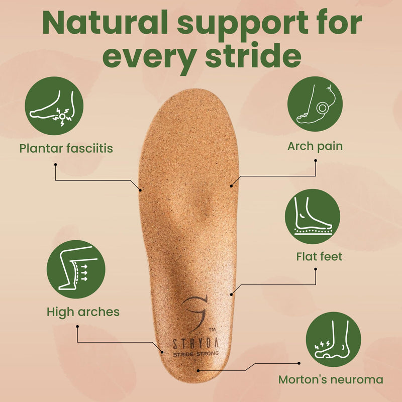 STRYDA Slim Orthopedic Insoles - 100% Cork Soles to Promote Natural Foot Function - Barefoot Friendly Shoe Inserts for Feet, Knees & Back - 100% Natural, Vegan - M Medium - BeesActive Australia
