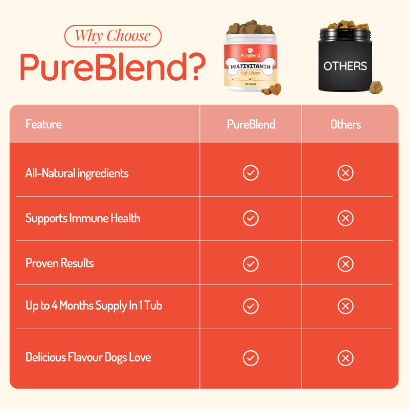 PureBlend Multivitamin Soft Chews for Dogs — Dog Vitamins with Glucosamine, Salmon Oil, Probiotics & CoQ10 — 120 Chews, Up to 4 Month Supply